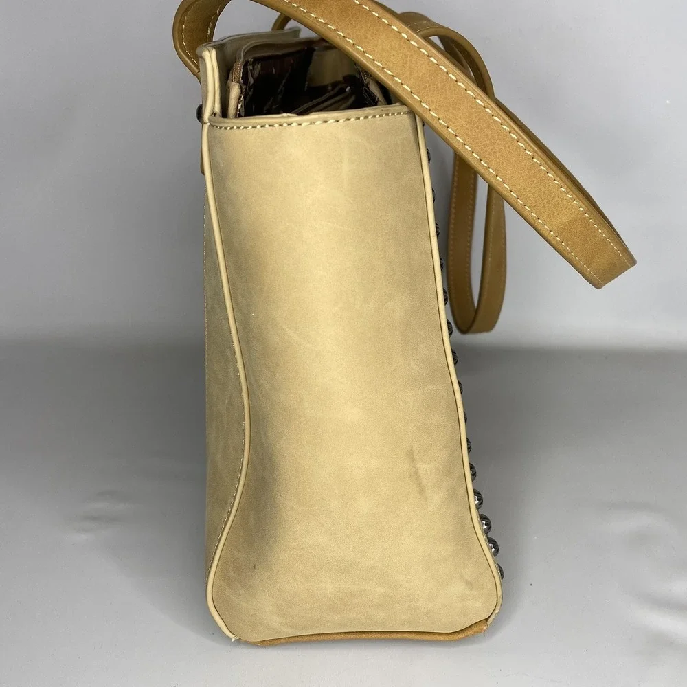 American Bling Concealed Carry Tan Purse Studded Detail Shoulder Bag Zip Closure